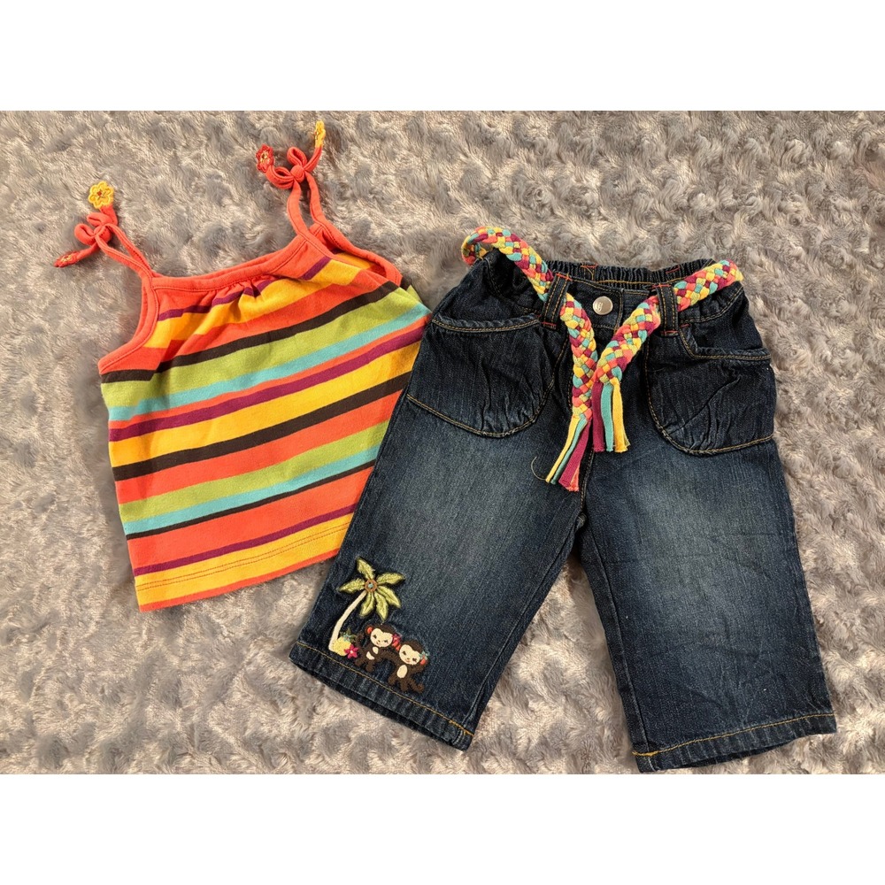 Gymboree Jungle Gem Strip Top &  Monkey EmbroideryCropped Pants LOT 18 24 VGUC